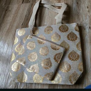 Gold Foil Print Jute Tote With Matching Pouch