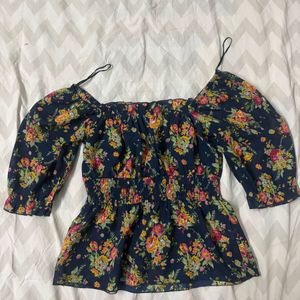 KASSUALLY Blue Floral Clinched Waist Smocked Top