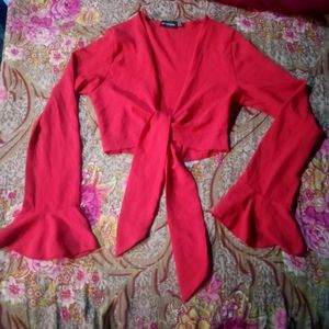 Red Tie Front Frill Sleeve & A Crop Top