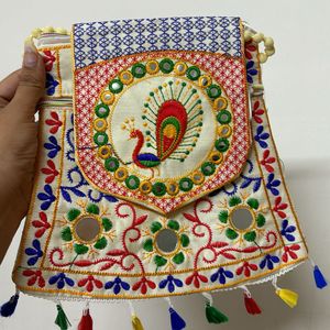 Off White Peacock Mirror Embroidered Sling Bag