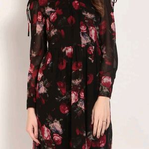 Black Floral Printed Fit And Flare Dress