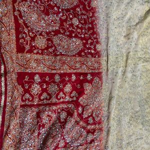 Beautiful Red And White Heavy Work Wedding Saree