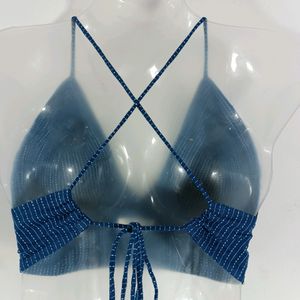 Blue Embroidered Backless Crop Top (Women)