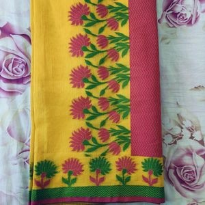 Beutiful Flower Pattern Yellow Saree