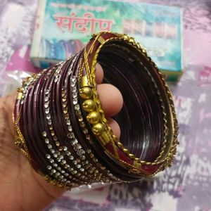 Maroon Chura With Gold-plated Pola Bangles