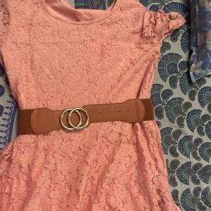 Knee Length Net Bright Peach Dress With Brown Belt