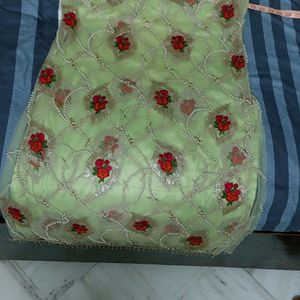 Green Kurta  Net Kurta N Pants  With Attach Inner Orange Duppata