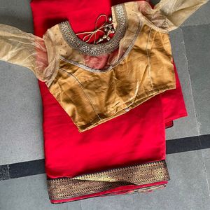 Red Saree With Golden Blouse