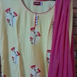 Embroidery  Kurti N Silk  Trouser  With Dupatta