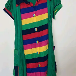 Long Green Shrug Style Top With Multi Striped