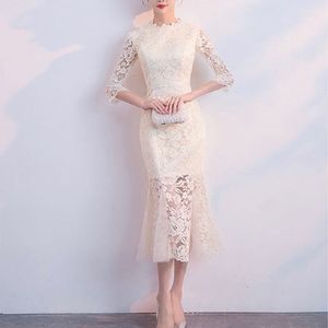 Wine Cream Fishtail Lace Party Dress