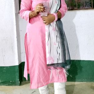 Muslin Silk White Pink Suit Pant With Dupatta