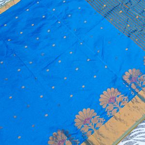 blue colour gold design saree