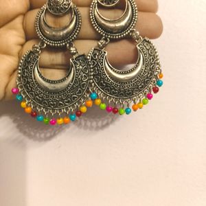 Silver Oxidised Earings With Multicolored Beads