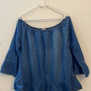 Denim Blouson Top With Frills End