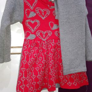 1-2 Yr Grey&Red Colour Woolen Frockset.