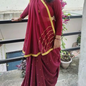 Organza Maroon Saree With Self Embroidery 🪡