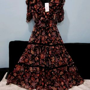 Quality Black&Rust Orange Floral Print Tiered Midi