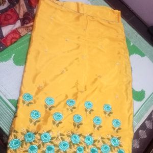 Yellow Colour Embroidery Work Saree