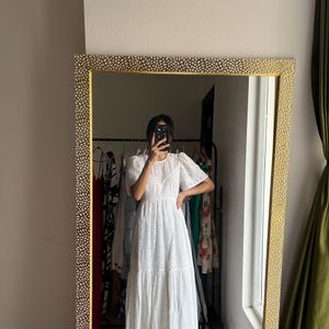 White Cotton  Schiffli Embroidered Tiered Maxi