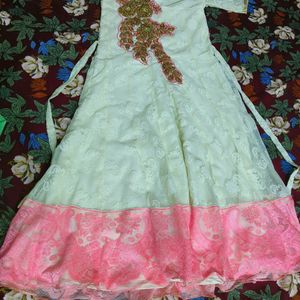 New White And Pink Long Ethnic Gown