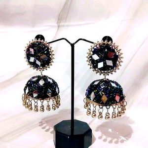 Black Jhumka With Mirror And Bead Work