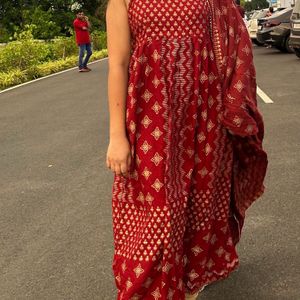 Beautiful Red Golden Kurta For Festivals Sleeveles