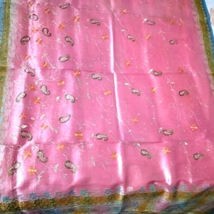 Baby Pink Organza Multi Print Chanderi Saree