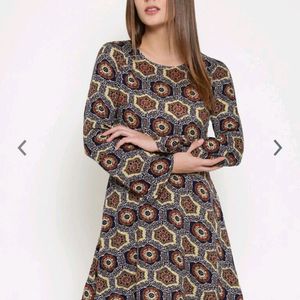 Navy & Beige Printed Fit & Flared Dress.