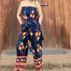 Navy Blue Floral Off Shoulder Waist Tie Up