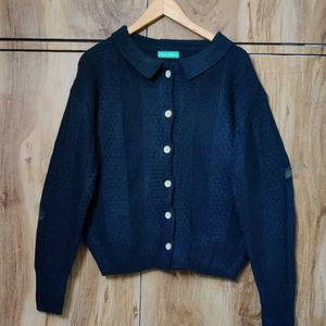 Dark Blue Self Design Front Open Sweater Size-44