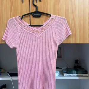 Powder Pink V Neck Stretchable Top