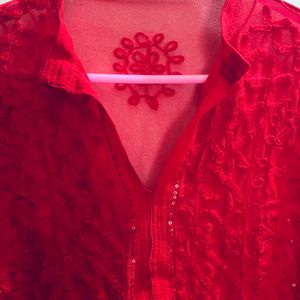 Red Sequinned Chikankari Kurti