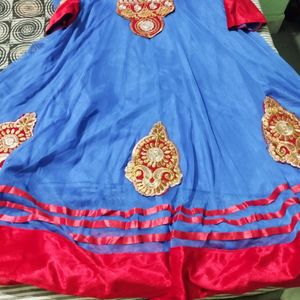 Elegant Blue Anarkali Suit with Red Embroider