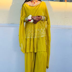 Yellow Short Kurti With Pleated Ghrara Dupatta