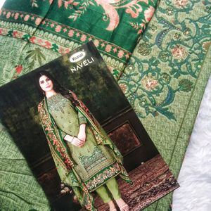 Trendy Green Cotton Dress Material With Dupatta