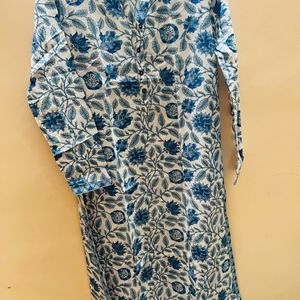 Utsa White Blue Flower Printed Full Sleeves