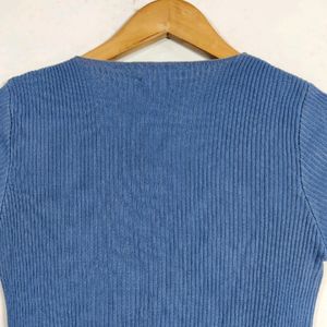 Blue V Neck Ribbed Top