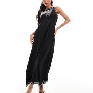 River Island Satin Black embroidered Maxi dress