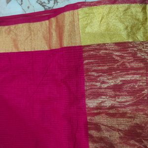 Hot Pink Artsilk With Golden Zari Border