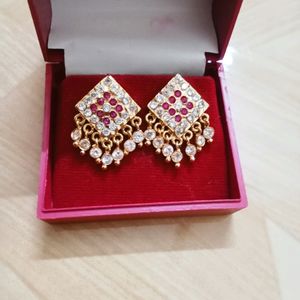 2 Set Of Pink & White Stones Impon Earrings