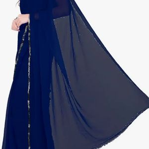 Dark Blue Chiffon Saree With Golden Border