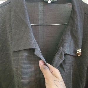 Dark Brown Net Shirt With An Owl Broche