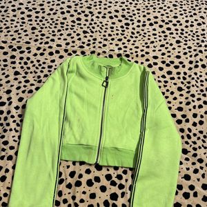 Women Lime Green Hooded Crop Jackets