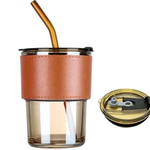 Glass Straw Transparent Cold Coffee Cup With Lid