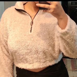 Women Grey Melange Faux Fur Solid Crop Sweatshirt