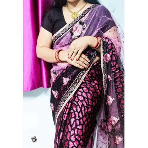 A Beautiful Pink Black Combination Floral Saree