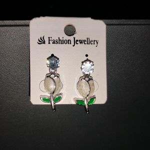 White Rose Earrings With Stone