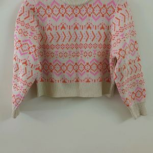 H & M -White Sweater with Playful Pink and Orange