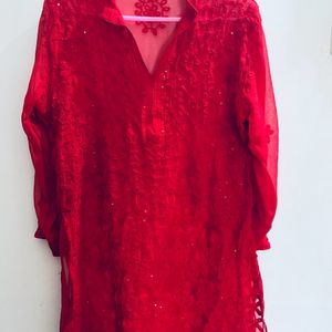 Red Sequinned Chikankari Kurti